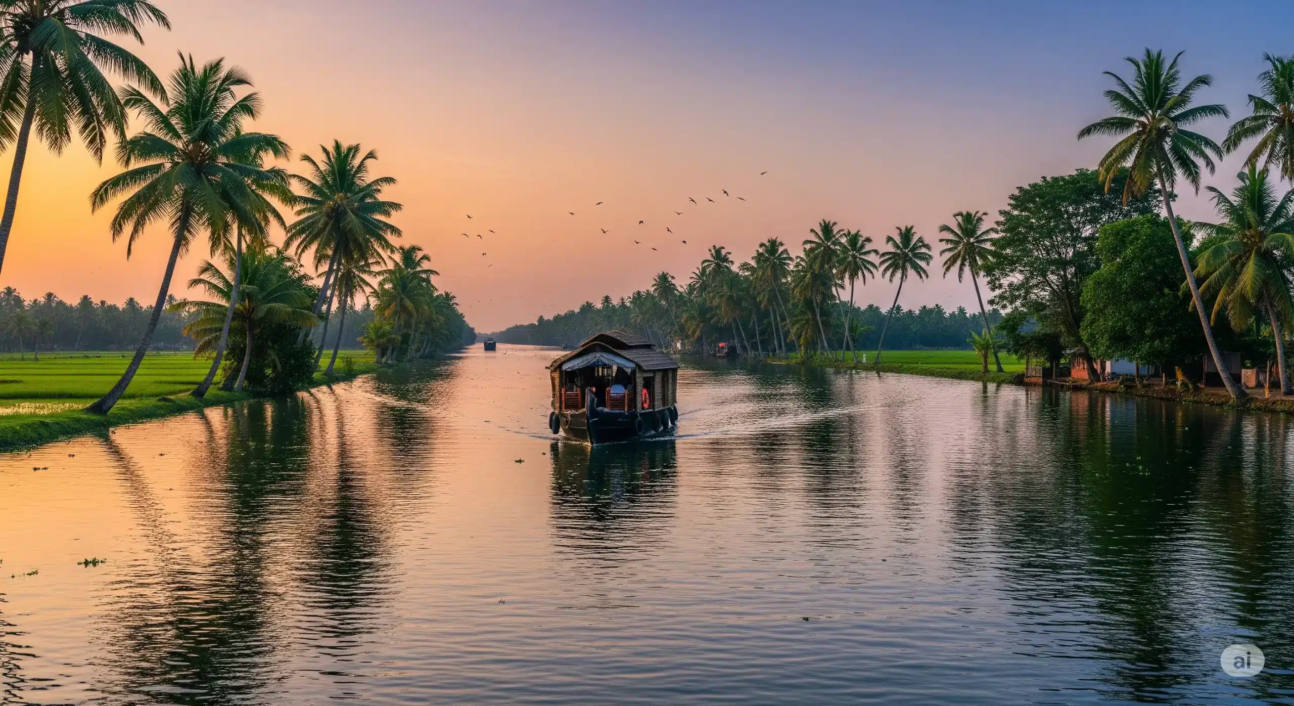 Houseboat on Kerala backwaters in Alleppey, India, at sunset, 2025
