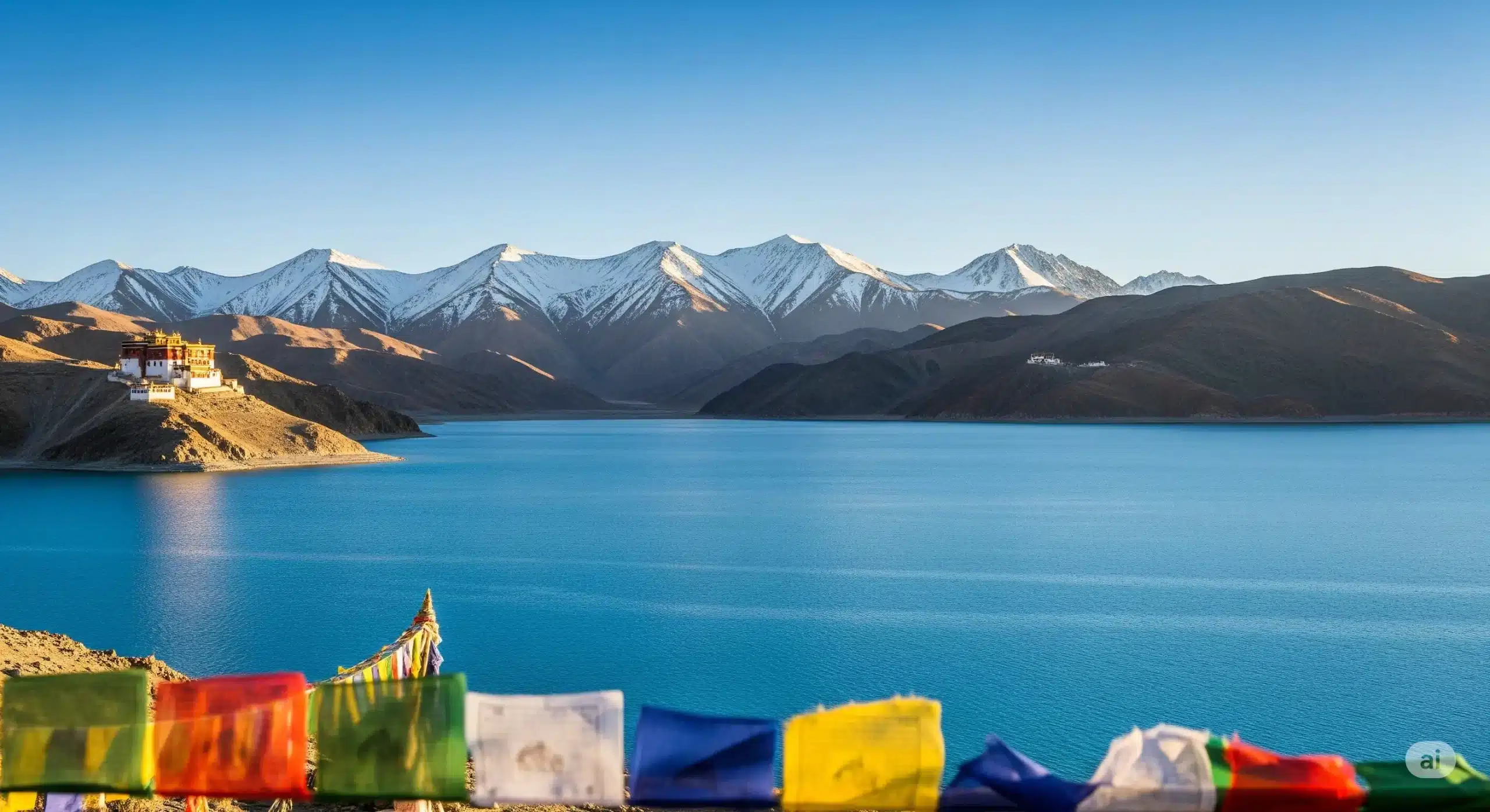 Pangong Lake in Leh-Ladakh, India, with Himalayan mountains and prayer flags, 2025