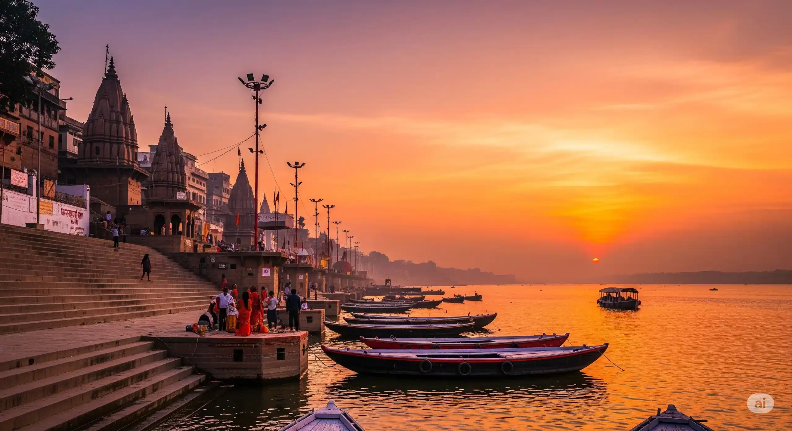 Sunrise over Ganges River ghats in Varanasi, India, with boats and temples, 2025