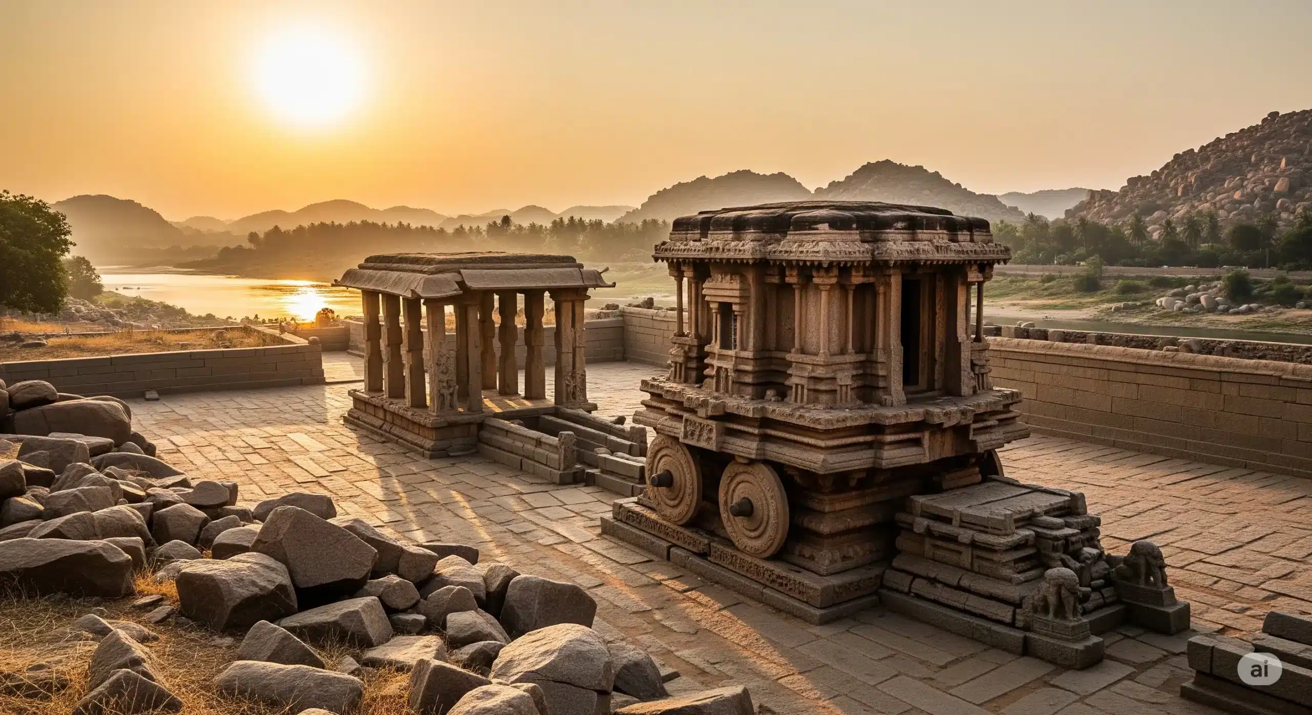 Vittala Temple ruins in Hampi, India, at sunrise with stone chariot, 2025